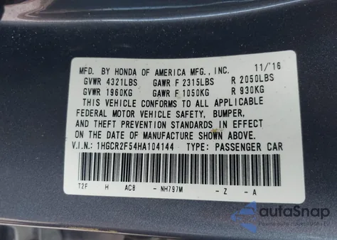 2017 Honda Accord Sport z USA, uszkodzony, nr VIN 1HGCR2F54HA104144